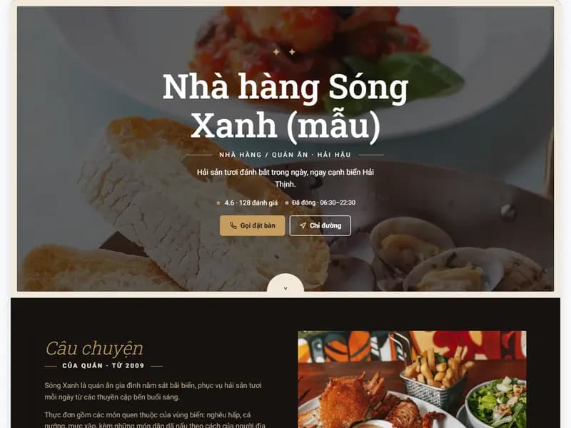 Ví dụ trang giới thiệu mẫu Bếp đêm của một nhà hàng