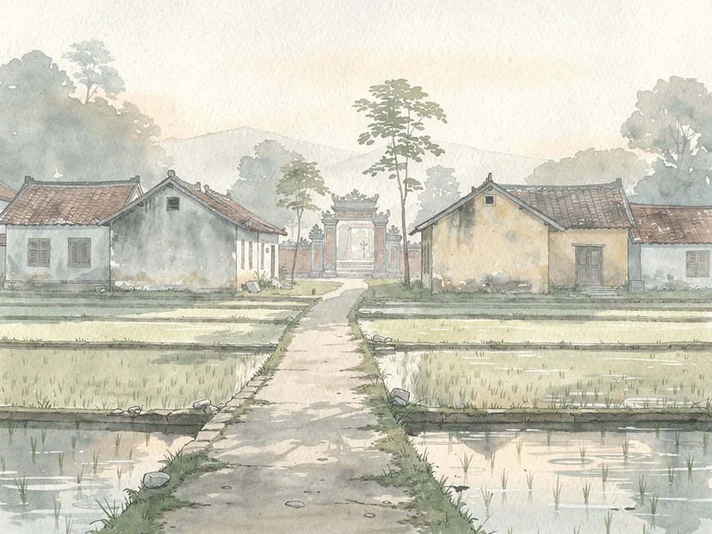 Khung cảnh làng quê ven biển với lối đi nhỏ, cánh đồng và không khí trang nghiêm của một không gian thờ tự cổ.