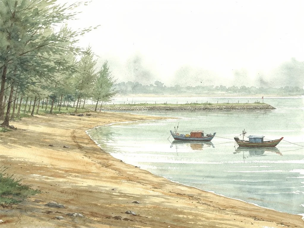 Bãi biển ven biển với cát vàng, rặng phi lao, đê biển ở xa và thuyền nhỏ trên mặt nước lặng.
