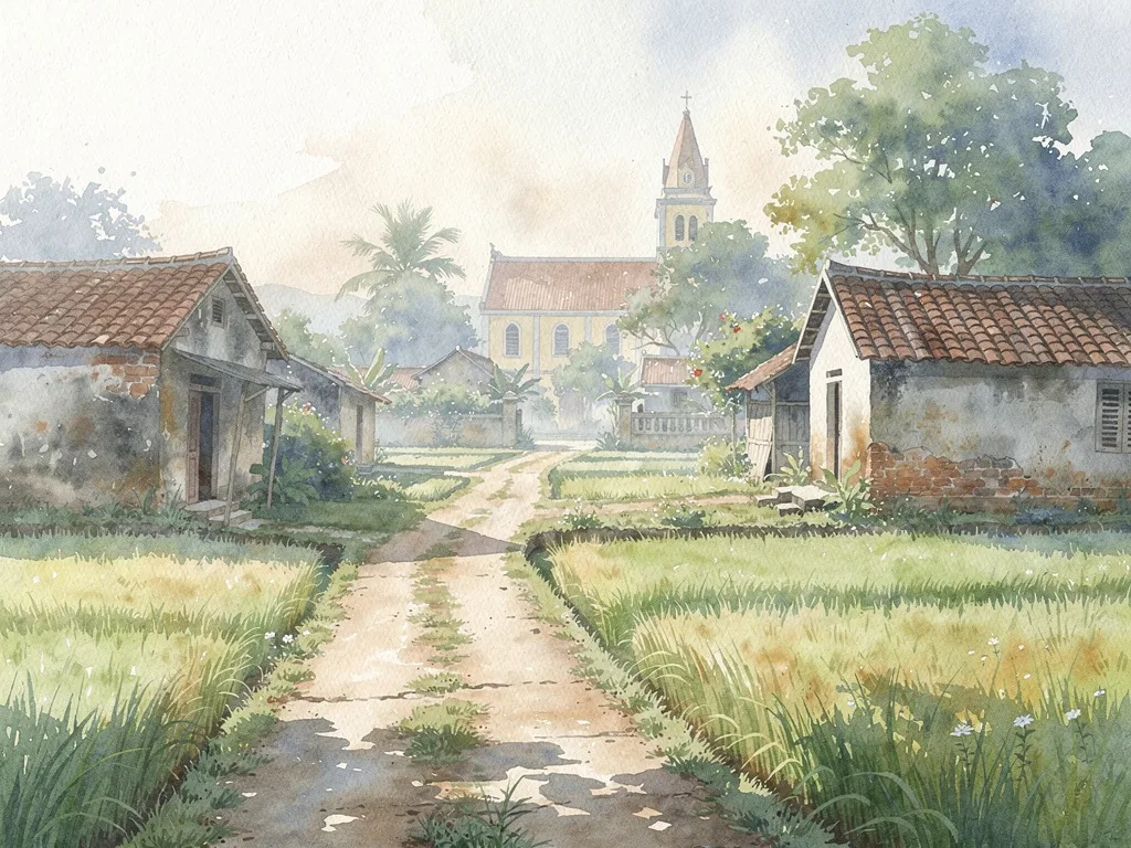 Cảnh làng quê ven biển với con đường nhỏ, ruộng lúa và không gian xứ đạo yên bình ở Hải Hậu.