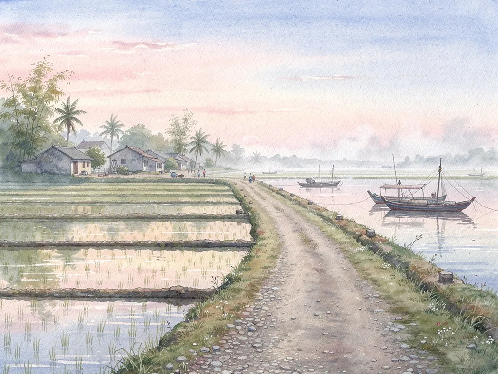 Cảnh làng quê ven biển với cánh đồng lúa, con đường nhỏ và thuyền đánh cá trên sông trong ánh sáng sớm.