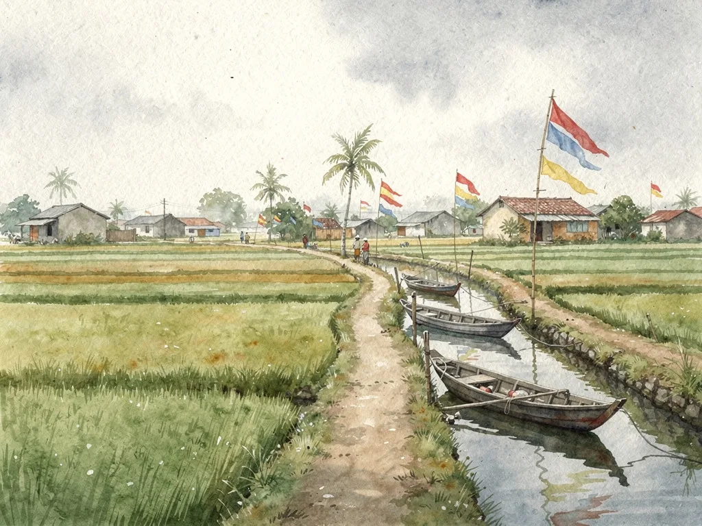 Cảnh làng ven biển với đường làng, cánh đồng lúa xanh, con sông nhỏ và thuyền gỗ, không khí lễ hội nông thôn.
