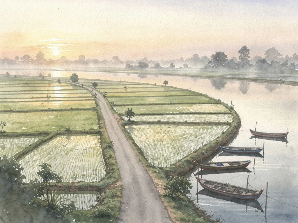 Cánh đồng lúa và lối làng ven sông trong buổi sớm ở vùng quê Hải Hậu.