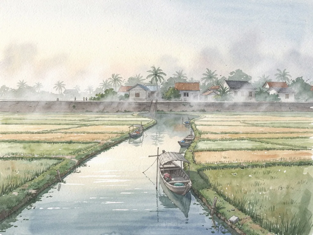 Cảnh làng quê ven biển với ruộng lúa, đê đất và thuyền nhỏ trên cửa sông dưới ánh sáng sớm.
