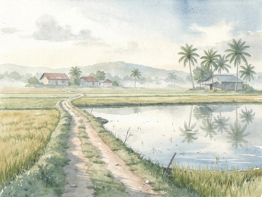 Cảnh làng quê ven biển với cánh đồng lúa, lối đi nhỏ và mặt nước yên ả.