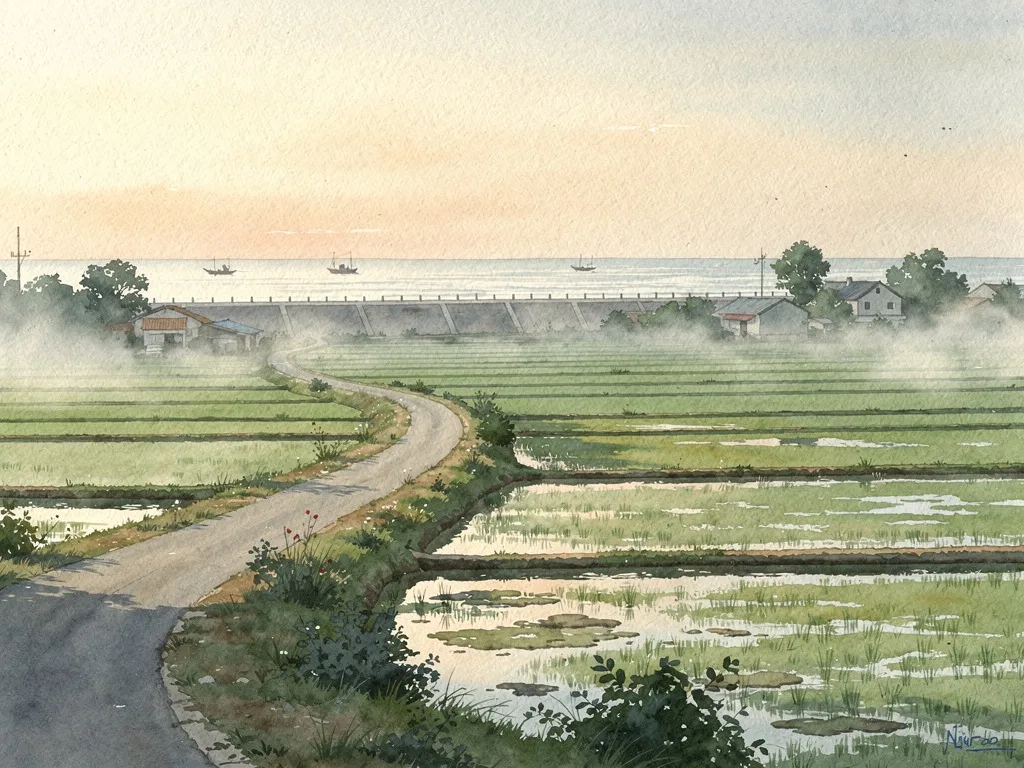 Cánh đồng lúa, đường làng và tuyến đê ven biển trong buổi sáng sớm.