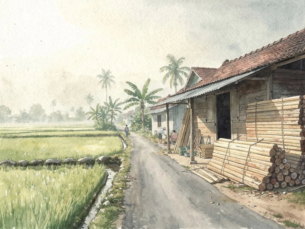 Cảnh làng nghề với xưởng mộc bên đường quê, ruộng lúa và những bó gỗ xếp gọn.
