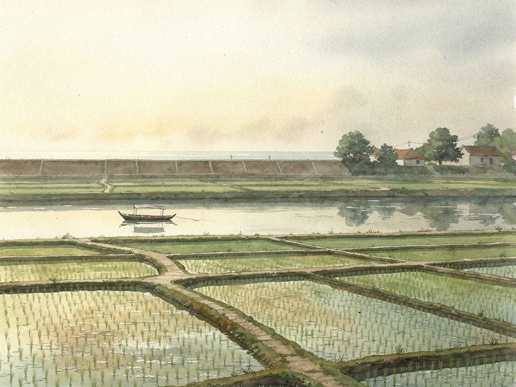 Cánh đồng lúa ven làng, con đường đê và thuyền nhỏ trên sông ở vùng quê Hải Hậu