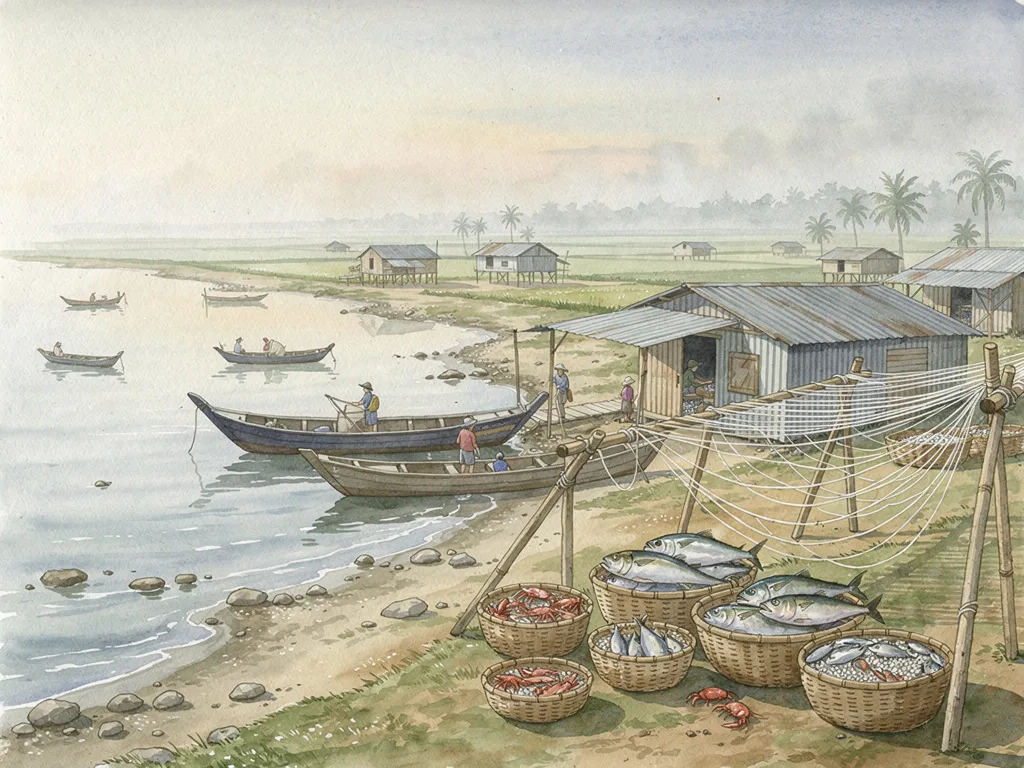 Cảnh làng biển ven biển với thuyền cá, khu sơ chế hải sản và đường làng bình yên.