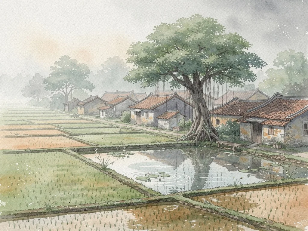 Cảnh làng quê ven biển với cánh đồng lúa, hồ nước nhỏ, cây đa cổ thụ và mái ngói thấp thoáng dưới trời sáng.