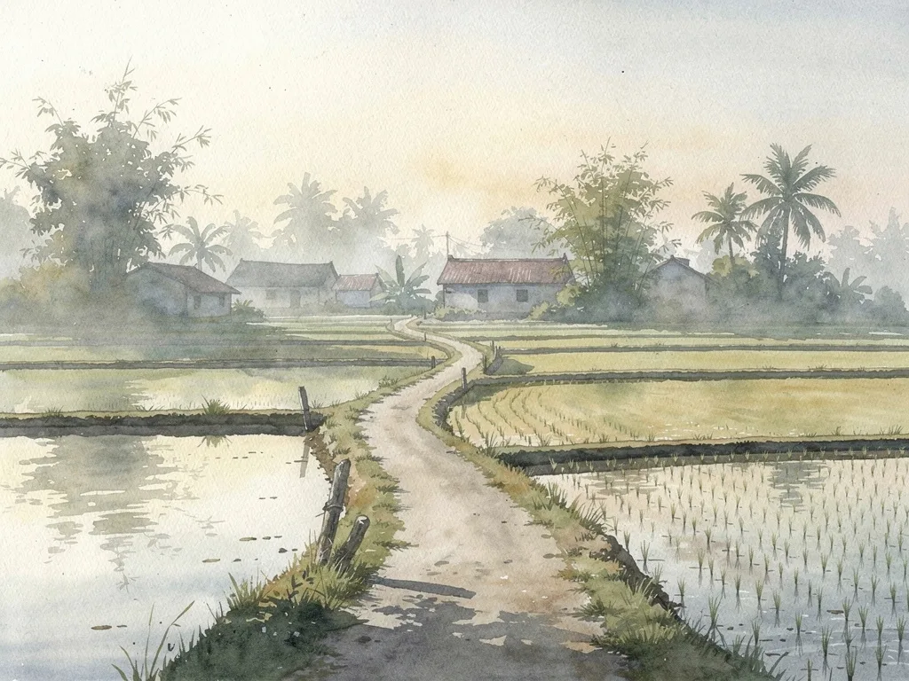 Cảnh làng quê ven biển với lối nhỏ, ruộng lúa và hàng cây xanh, gợi không gian cổ tự ở Hải Hậu.