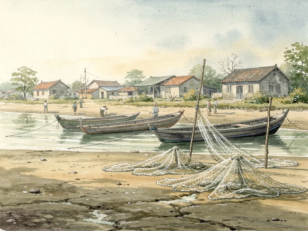 Cảnh minh họa chung về làng biển với thuyền nhỏ, bãi cát và những mẻ hải sản vừa đưa lên bờ.