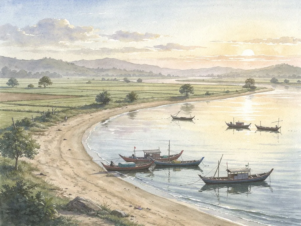Bãi biển, thuyền đánh cá và cánh đồng ven biển lúc chiều muộn.