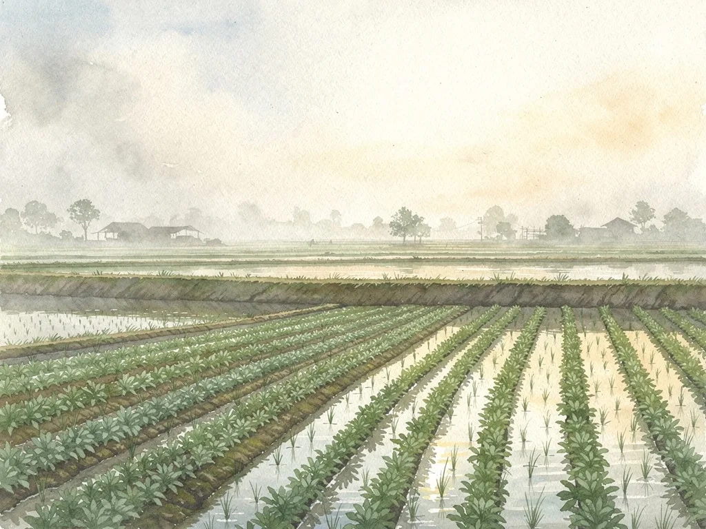 Cánh đồng dược liệu xanh xen lẫn bờ ruộng và con đường làng ở vùng quê ven biển Hải Hậu.