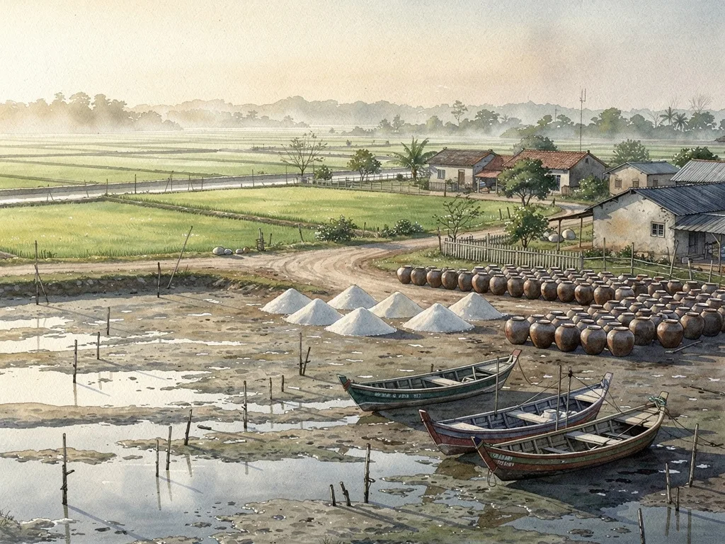 Cảnh ven biển với thuyền cá, ruộng muối, chum mắm và con đường làng bên cánh đồng.