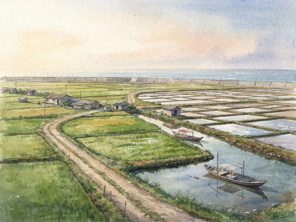 Cảnh làng ven biển với đường quê, ruộng lúa, đê biển và thuyền cá ngoài xa.