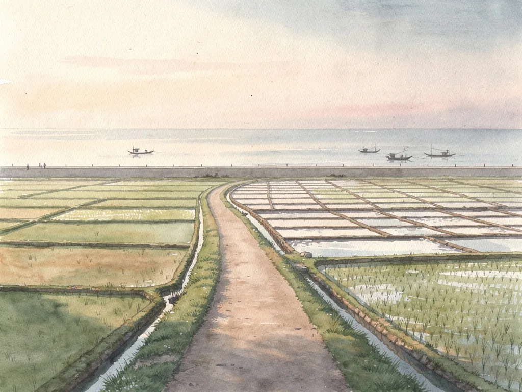 Cảnh minh họa làng ven biển với lối đất nhỏ, ruộng lúa, bãi bồi và thuyền nan trên sông.