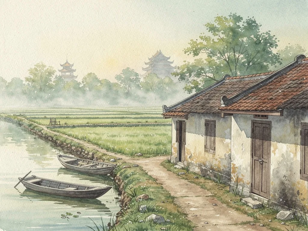 Cảnh làng quê Việt Nam với lối đi nhỏ, ruộng xanh và không khí yên tĩnh của một không gian thờ tự ở xa.