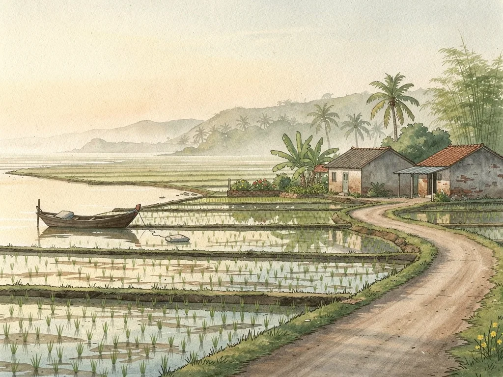 Cảnh làng quê ven biển với ruộng lúa, con đê thấp và thuyền nhỏ bên mặt nước.