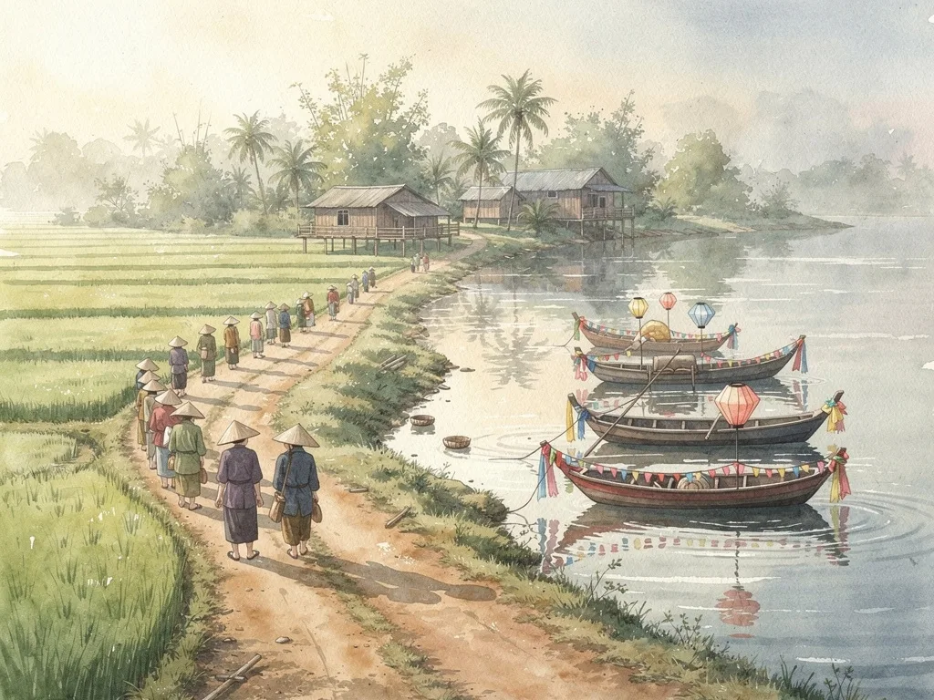 Cảnh ven sông với ruộng lúa, thuyền nhỏ và trang trí lễ hội, mang sắc thái nông thôn.