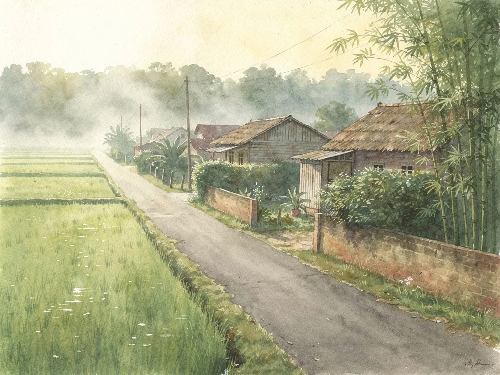 Cảnh đường làng giữa ruộng lúa và hàng tre trong buổi sớm.