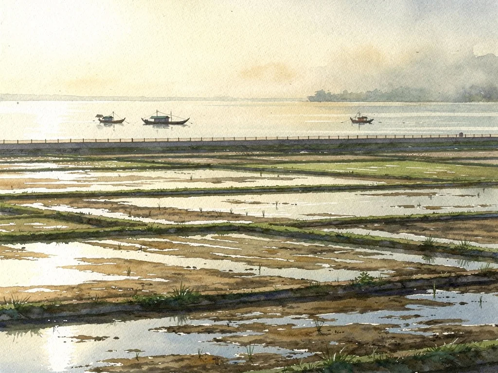 Cảnh đê biển, thuyền nhỏ và đồng muối dưới nắng chiều.