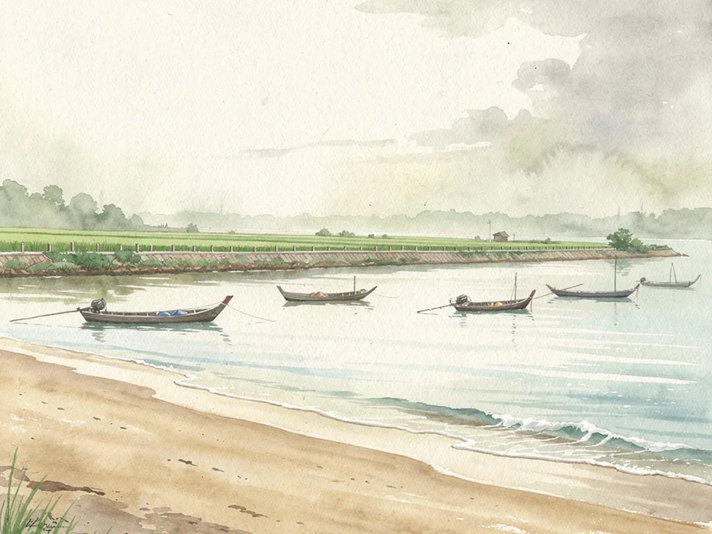 Cảnh biển yên bình với thuyền nhỏ, sóng êm, đê biển và ruộng lúa phía xa.