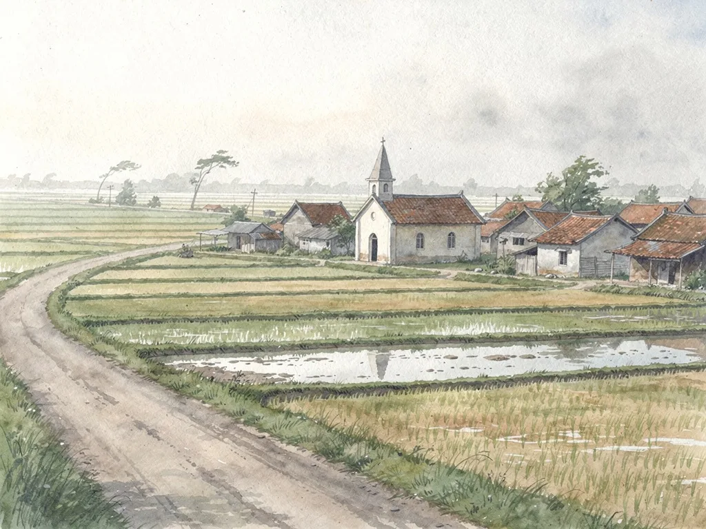 Cảnh làng quê yên bình với ruộng lúa, đường đất và không gian xứ đạo vùng ven biển.