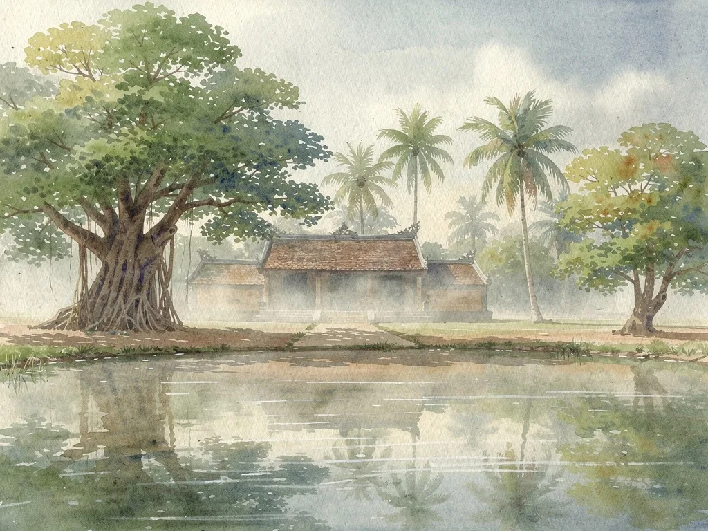 Không gian sân chùa với ao nước và hàng cây xanh.
