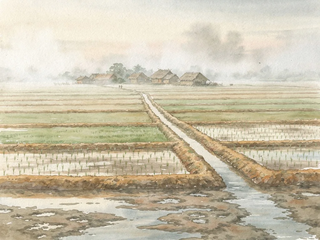 Cảnh minh họa bãi bồi, ruộng lúa và đê đất ven biển