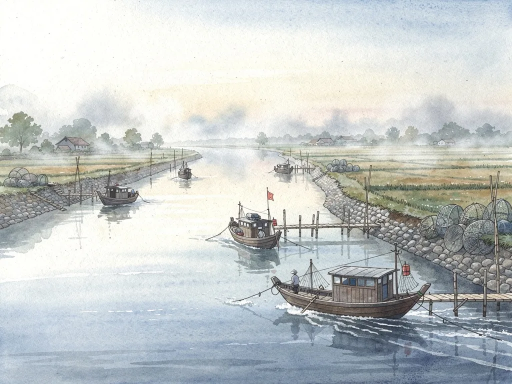 Cảnh cửa sông ven biển với thuyền cá quay về bến lúc bình minh.