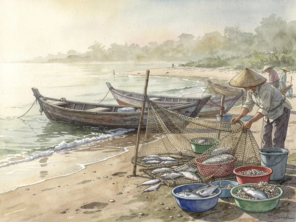 Cảnh làng biển chung với thuyền nhỏ, lưới ướt và hải sản vừa đưa lên bờ.