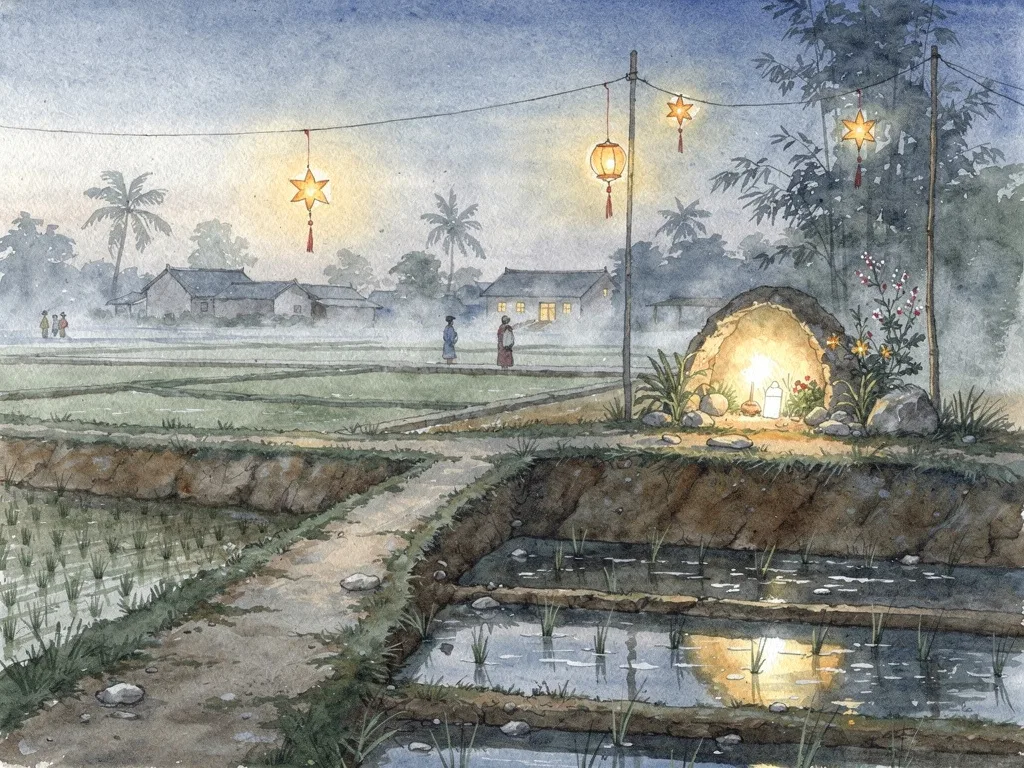 Khuôn viên xóm đạo trong buổi tối Noel với đèn trang trí và khung cảnh đồng quê.
