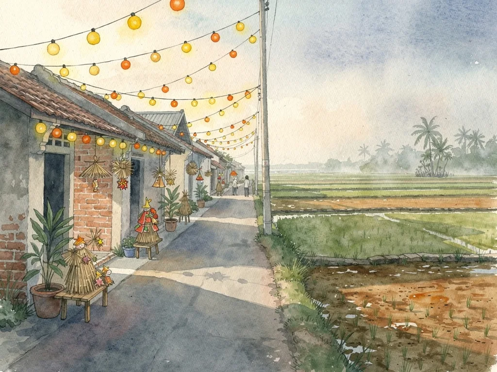 Con đường làng ven biển rực sáng đèn mùa Giáng sinh bên ruộng lúa.