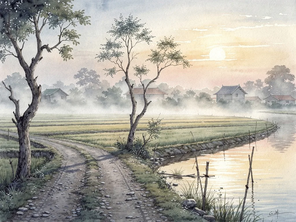 Khung cảnh làng quê với ruộng lúa, đường nhỏ và bờ sông trong buổi sớm.