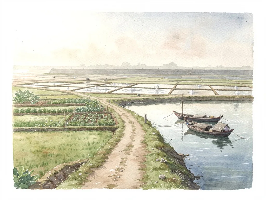 Cảnh làng ven biển với lối đất nhỏ, ruộng lúa, bãi muối và thuyền nhỏ trên sông.