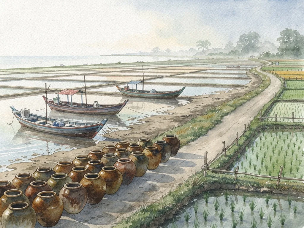 Cảnh ven biển với thuyền cá, ruộng muối, chum mắm và con đường làng giữa cánh đồng.