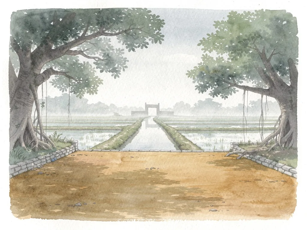 Cảnh làng quê ven biển với cây đa, sân đất, ruộng lúa và con kênh nhỏ.