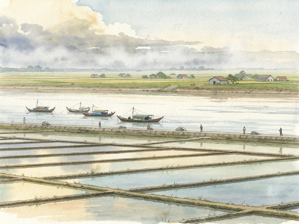 Cảnh đê biển, thuyền đánh cá và ruộng muối bên cửa sông.