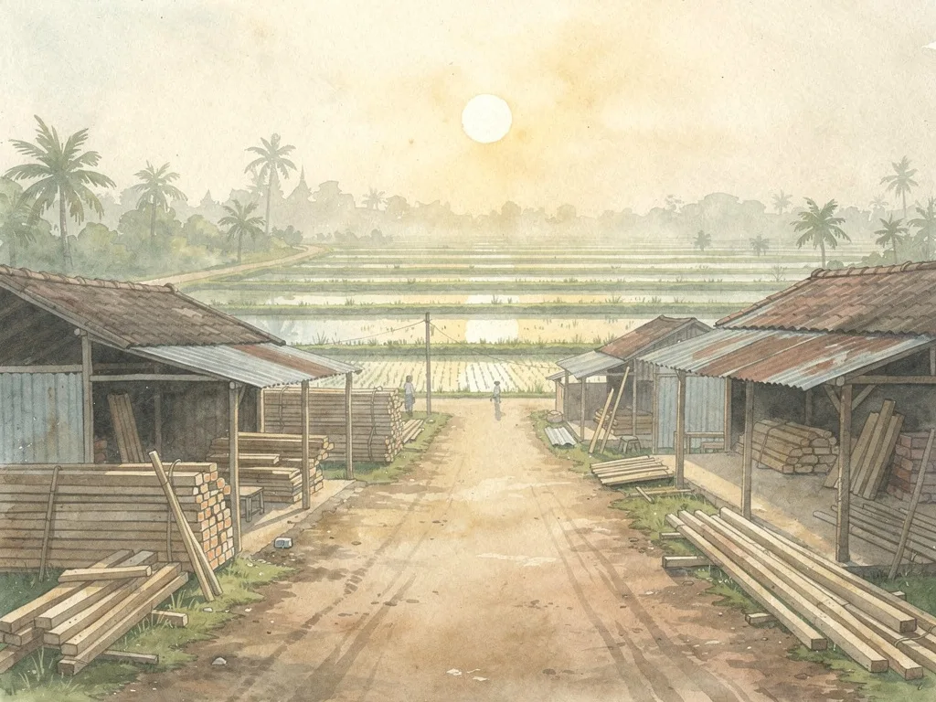 Khung cảnh làng nghề mộc bên đường quê, cạnh ruộng lúa và những bó gỗ xếp gọn.