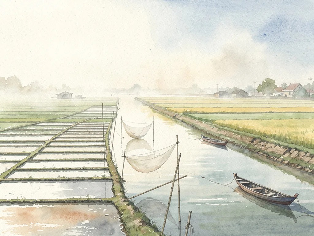 Cảnh ven biển với ruộng muối, lưới phơi và vài chiếc thuyền nhỏ.