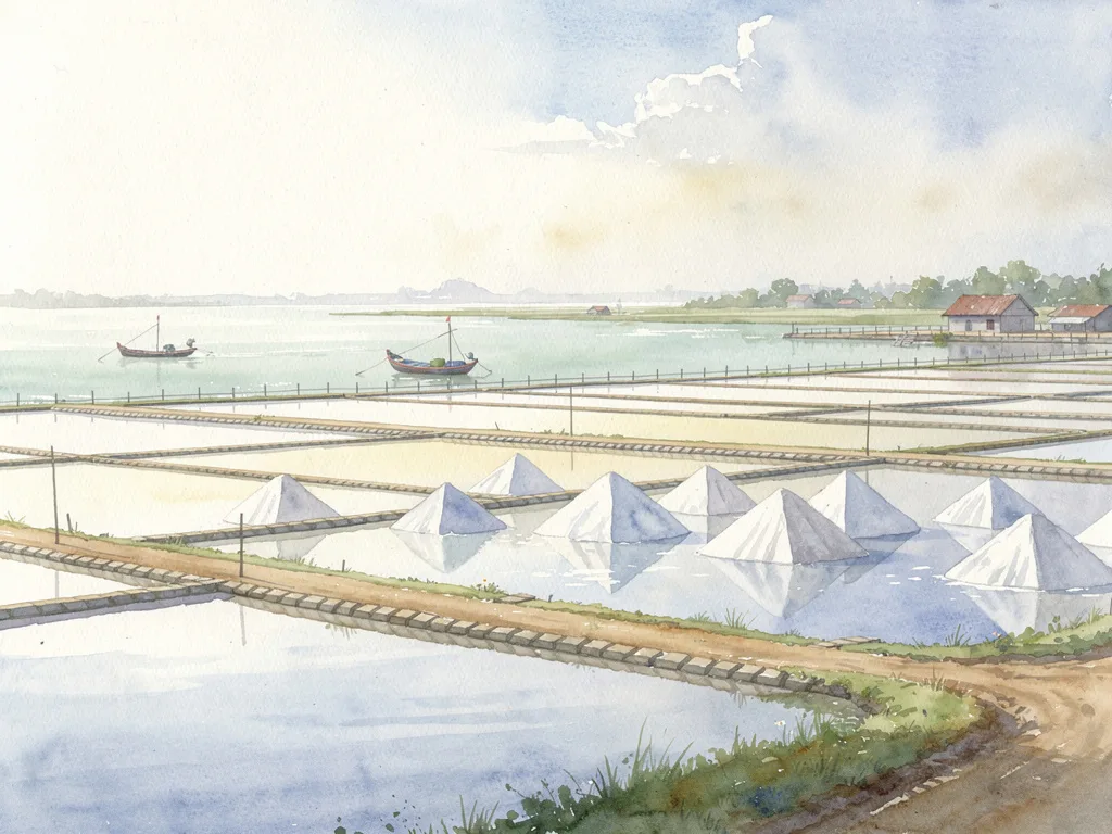 Không gian ven biển với sân phơi muối trắng và đường đê kéo dài.