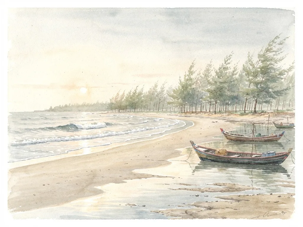 Bãi biển dài với cát thoải, sóng nhẹ, phi lao và thuyền cá gần cửa sông.