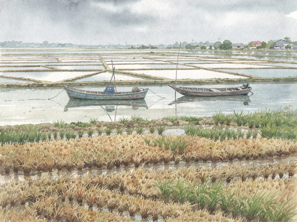 Cảnh làng quê ven biển với ruộng đồng, bãi muối và thuyền nhỏ trên mặt nước yên.