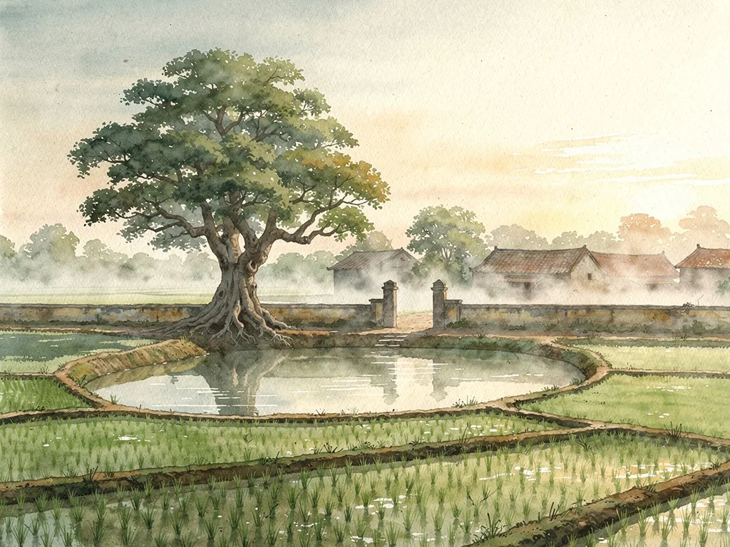 Cánh đồng lúa, hồ bán nguyệt và cây đa cổ thụ bên làng quê yên tĩnh.