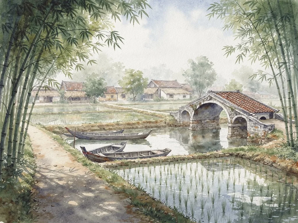 Con đường làng yên tĩnh, ruộng lúa nước, con thuyền nhỏ và cầu ngói cổ trong ánh ngày nhẹ.