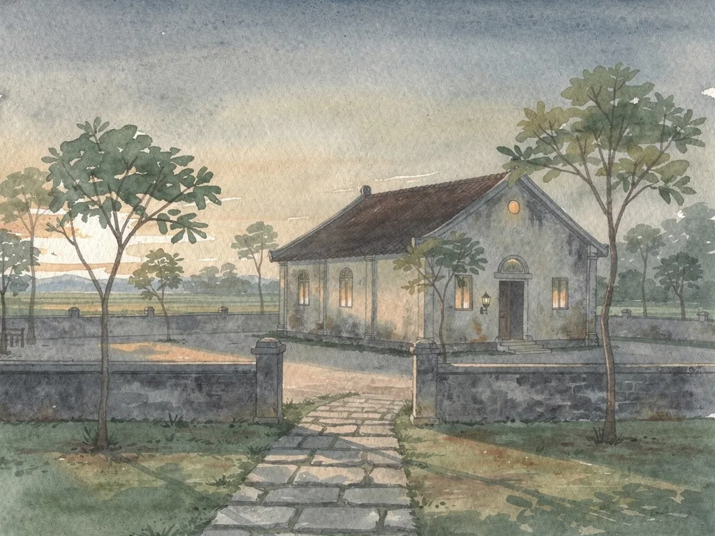 Cảnh minh họa sân nhà thờ nông thôn lúc chiều tối