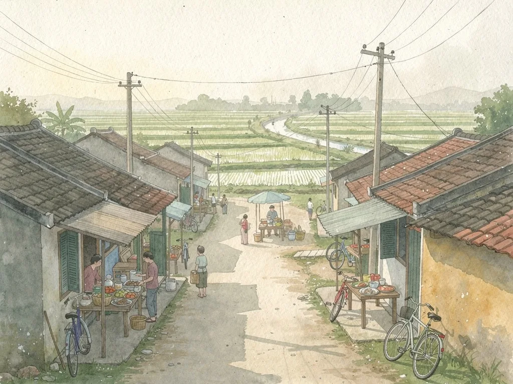 Cảnh làng quê với đường nhỏ, mái nhà ngói và cánh đồng lúa ven một khu chợ địa phương.