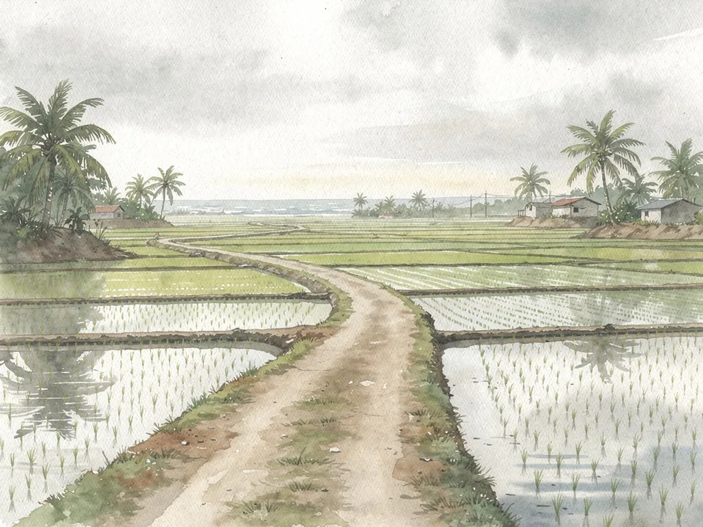 Cánh đồng lúa và lối làng yên bình ở vùng đồng bằng ven biển.