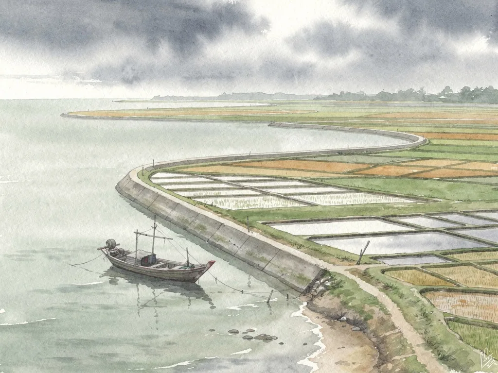 Cảnh ven biển với đê thấp, thuyền nhỏ và ruộng muối.